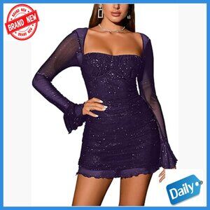 Sheer Long Sleeve Sequin Bodycon Mini Dress Ruched Backless Party